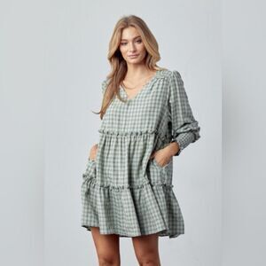 Sage checkered tier dress